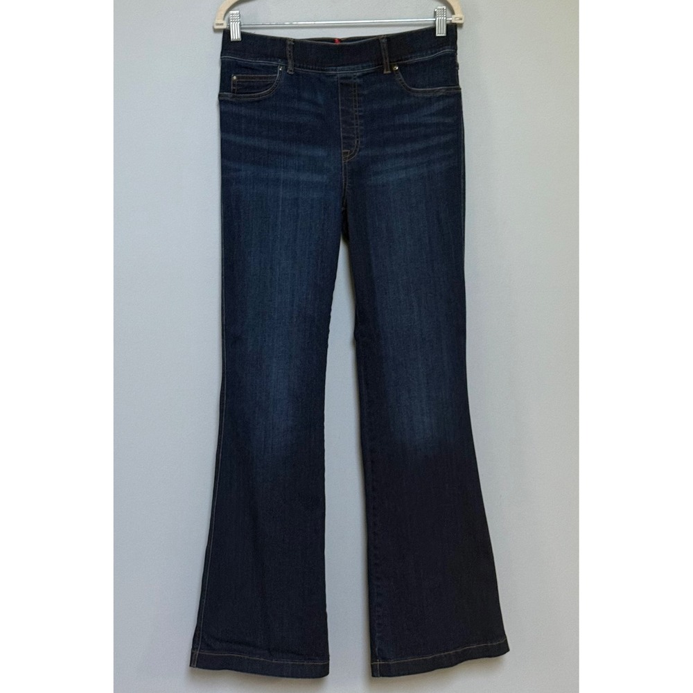 Spanx Pull On Flare Jeans Dark Wash Blue Denim Shaping Pants Size Large